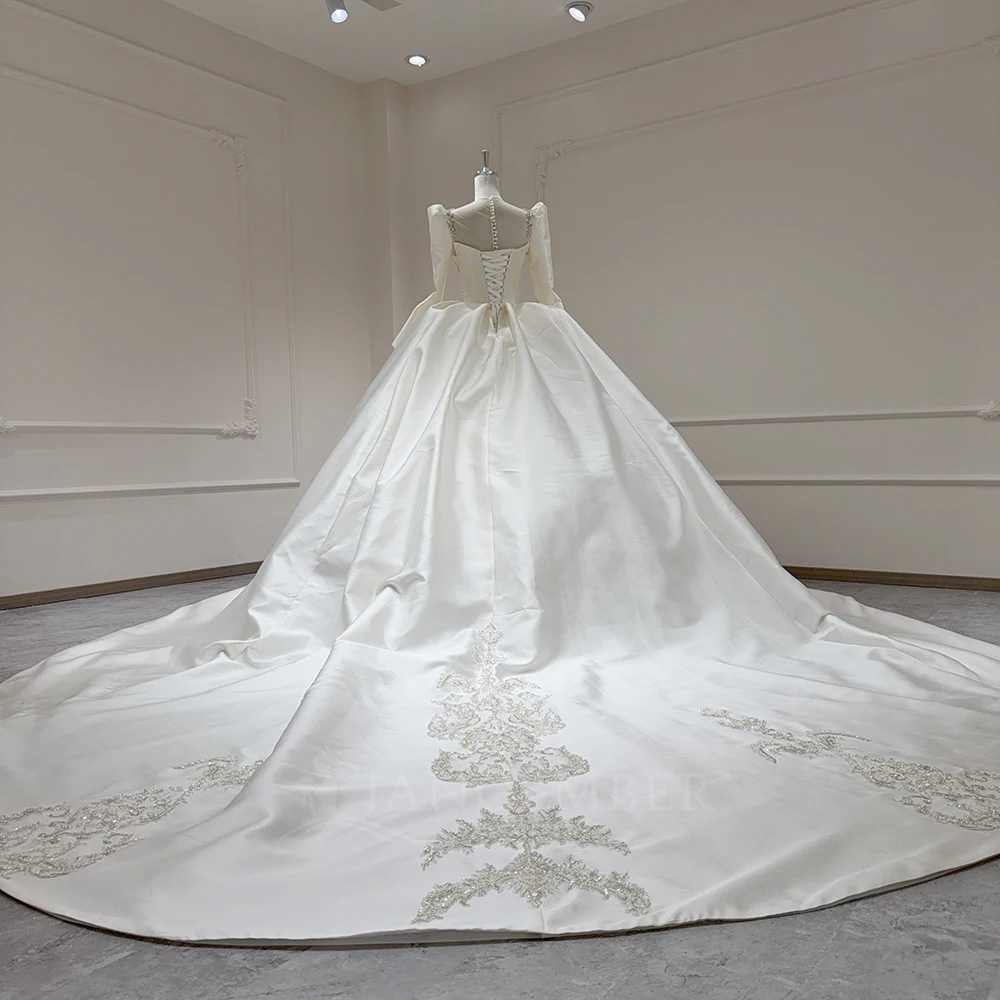 Luxury Heavy Industry Diamond Princess Satin Wedding Dress Backless Bridal Dress Vestido De Noiva Customized Removable Sleeves