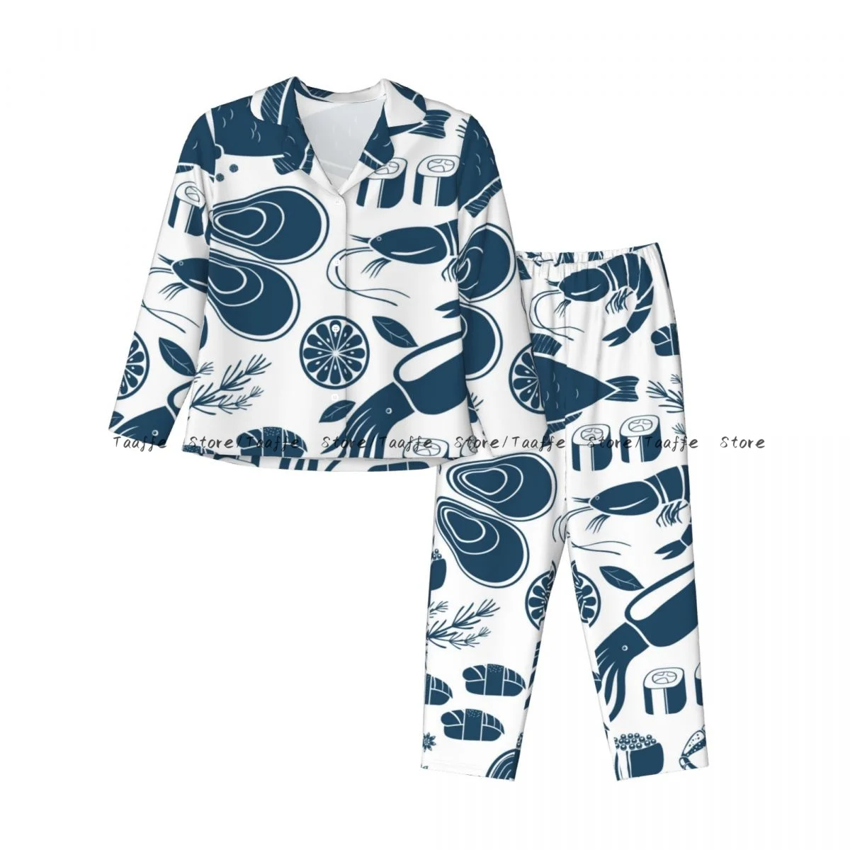 Women Sleepwear Pajamas Fish Sushi Seafood Pattern Long Sleeve Pijama Female Set Negligee Cardigan Suit