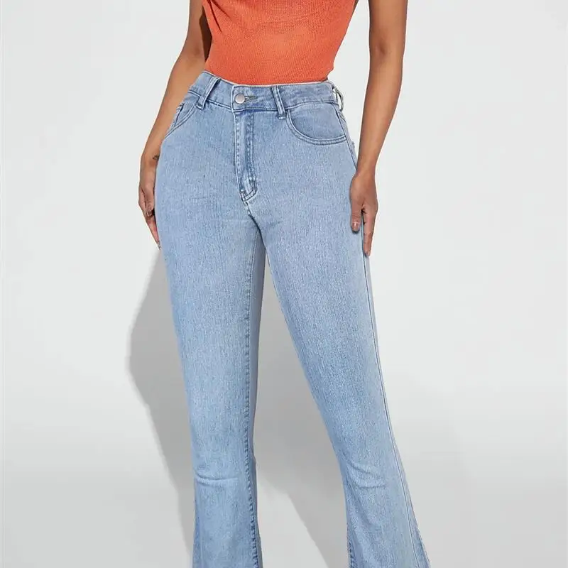 

Pure Color Tight Fit Micro Flare Jeans Long Pants Women's Faion Retro Sle Casual Comfortable Stretch Denim Trousers