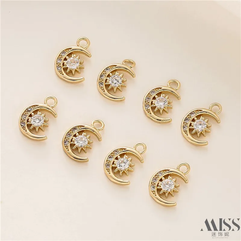 14K Gold Plated Color Retention Zircon Star & Moon Charms, DIY Jewelry Accessories