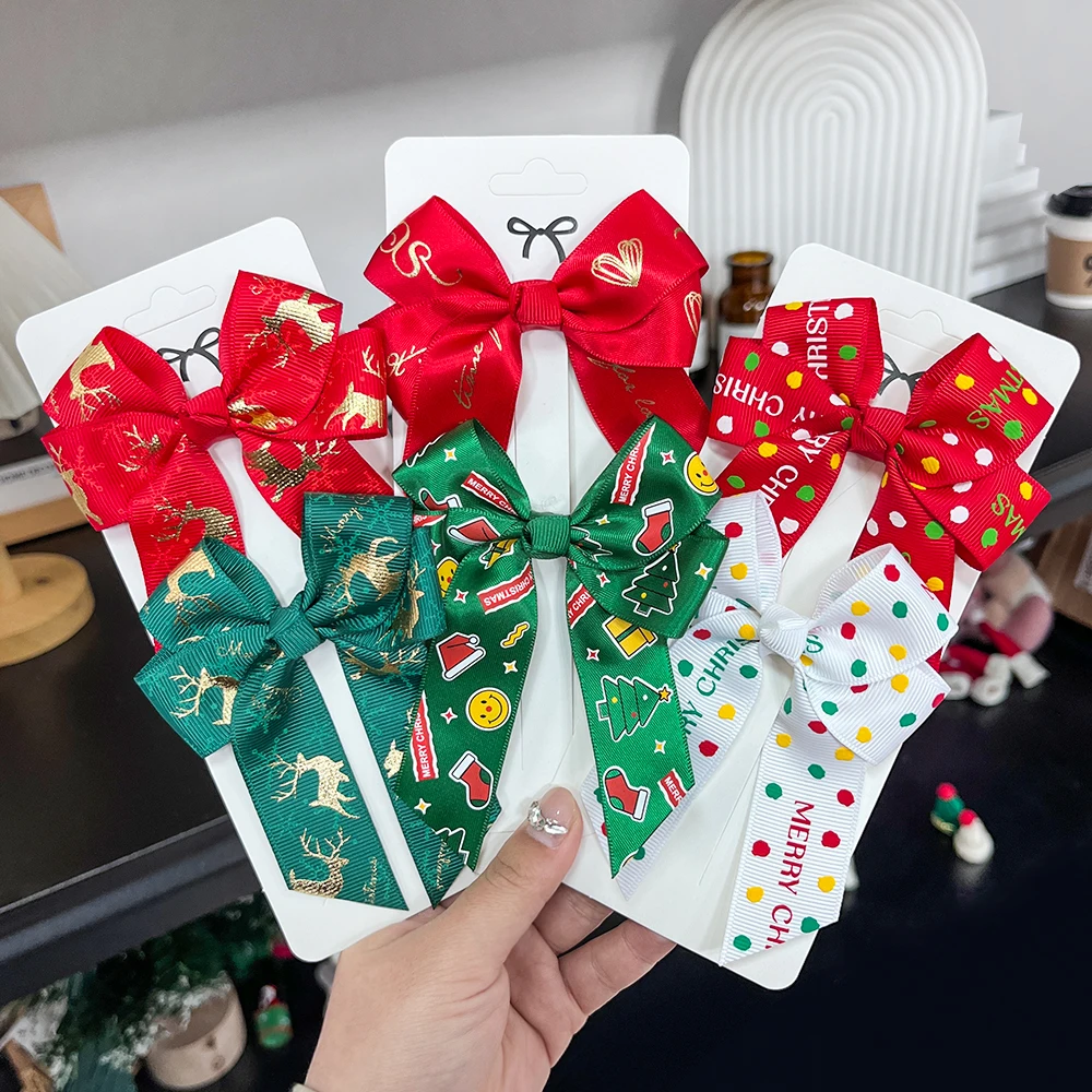 

2pcs/set Christmas Bows Hair Clip for Baby Girls Long Ribbon Xmas Tree Print Hairpins New Year Ponytail Holder Hair Accessories
