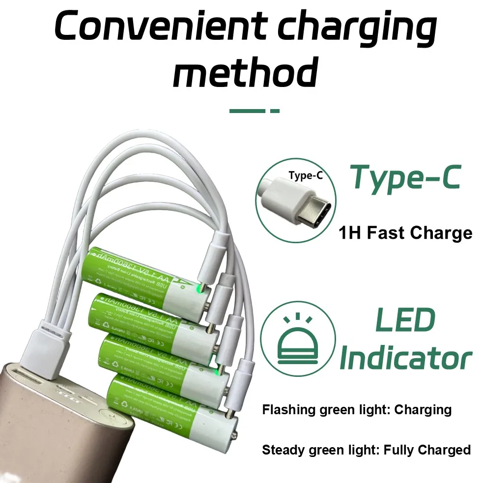 Rechargeable AA Battery13600mAh, 1.5V AA Li-ion Batteries with USB Type C Charging Cables, Long Life, Low Self-discharge