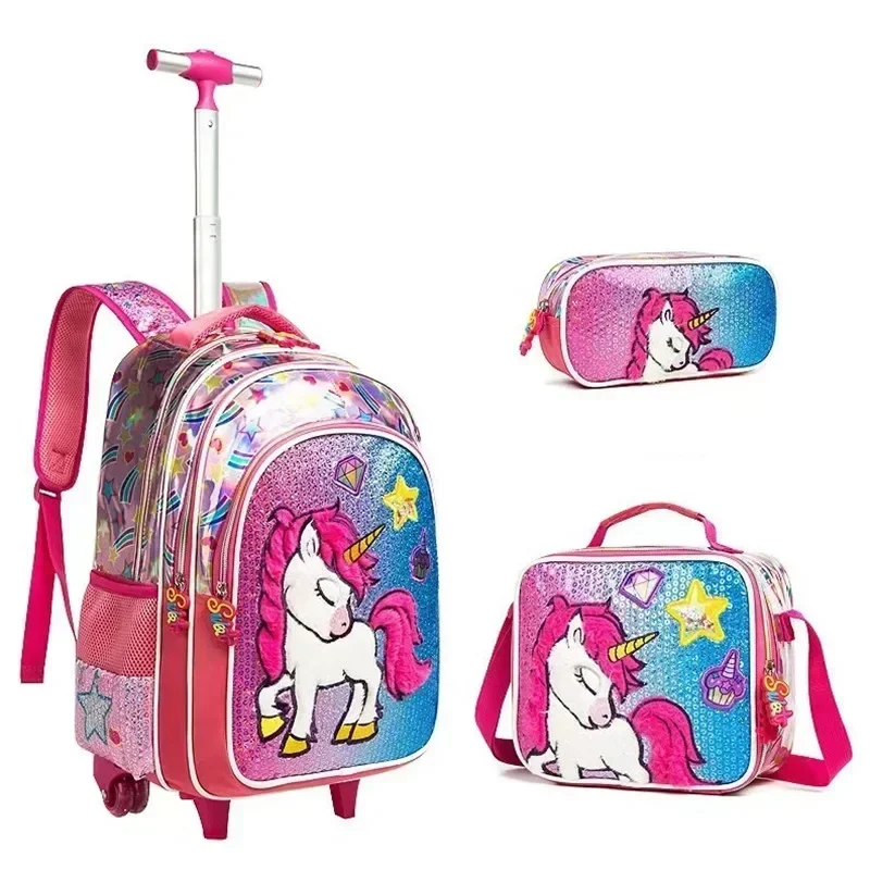 Primary School Backpack with Wheels for Kids Lovely School Bag Trolley Bookbag Carry on Luggage with Lunch Box Bags Mochila