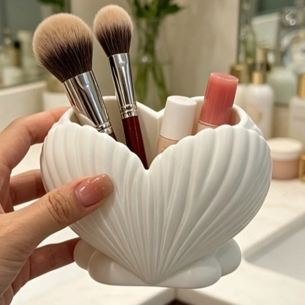 3D Printed Shell Shape Toothpaste Toothbrush Holder Coastal Style Aesthetic Makeup Brush Stand Plastic Stable Base
