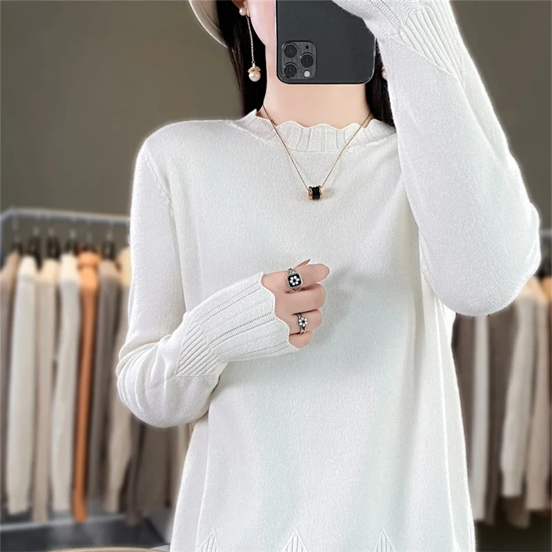 Women's boutique round neck sweater autumn and winter knitted cashmere sweater Women's solid color pullover long sleeved top