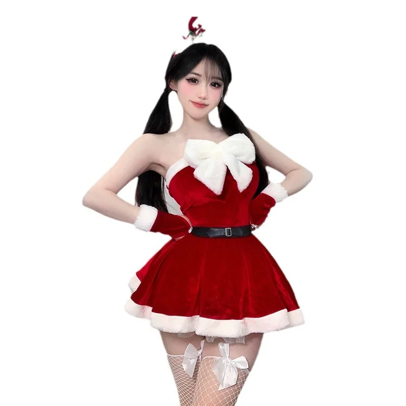 Świąteczna pluszowa aksamitna sukienka z dużą kokardą Xmas Santa Claus Uniform Cosplay Costume Cute Sweet New Year Nightdress Outfits Halloween