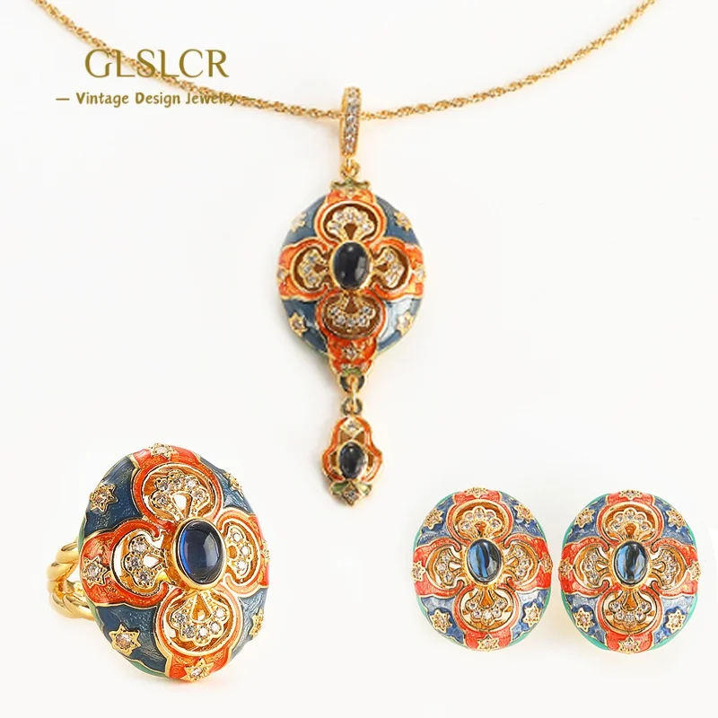 

Vintage Antique Natural Stone Jewelry Sets Royal Court Hollow Out Pendant Necklace Rings Earrings For Women Accessories Luxury