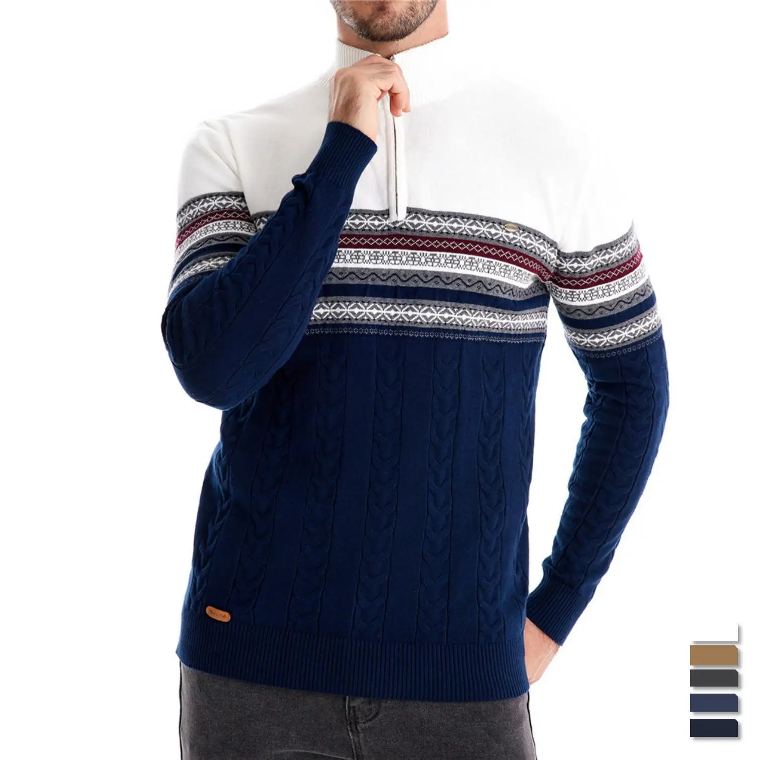 Autumn And Winter New European Style Stand Up Collar Sweater, Half Chain Cotton Men's Spliced Casual Knit Sweater