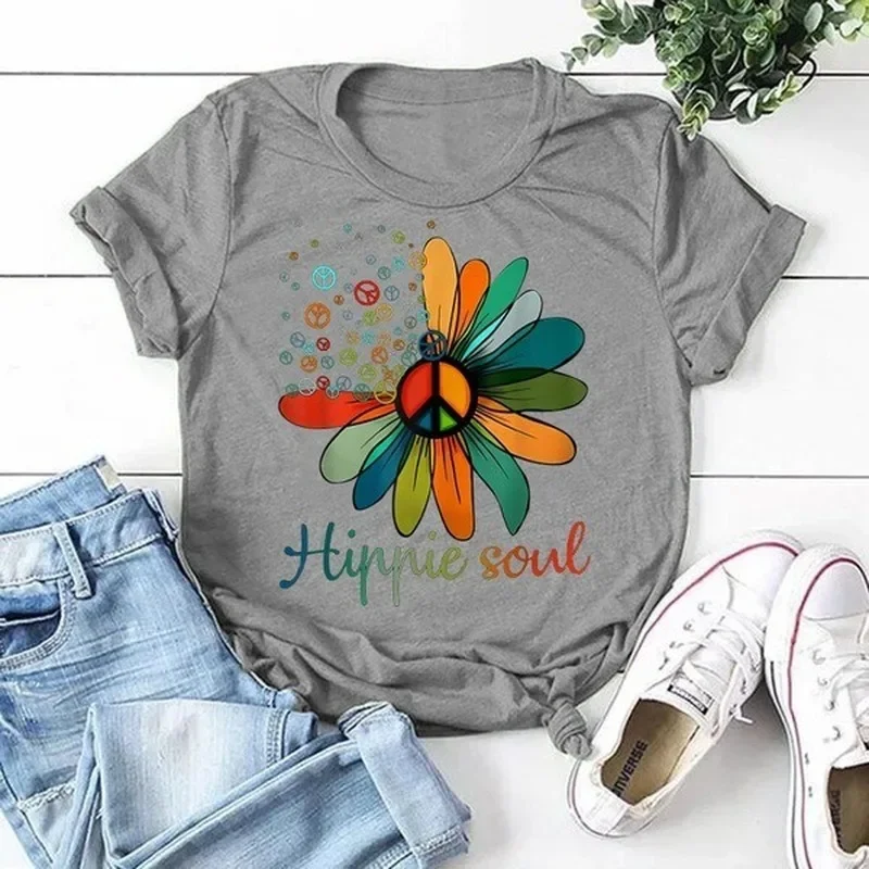 Hippie Soul Sunflower Print T Shirt Women Short Sleeve O Neck Loose Tshirt Summer Women Tee Shirt Tops Camisetas Mujer