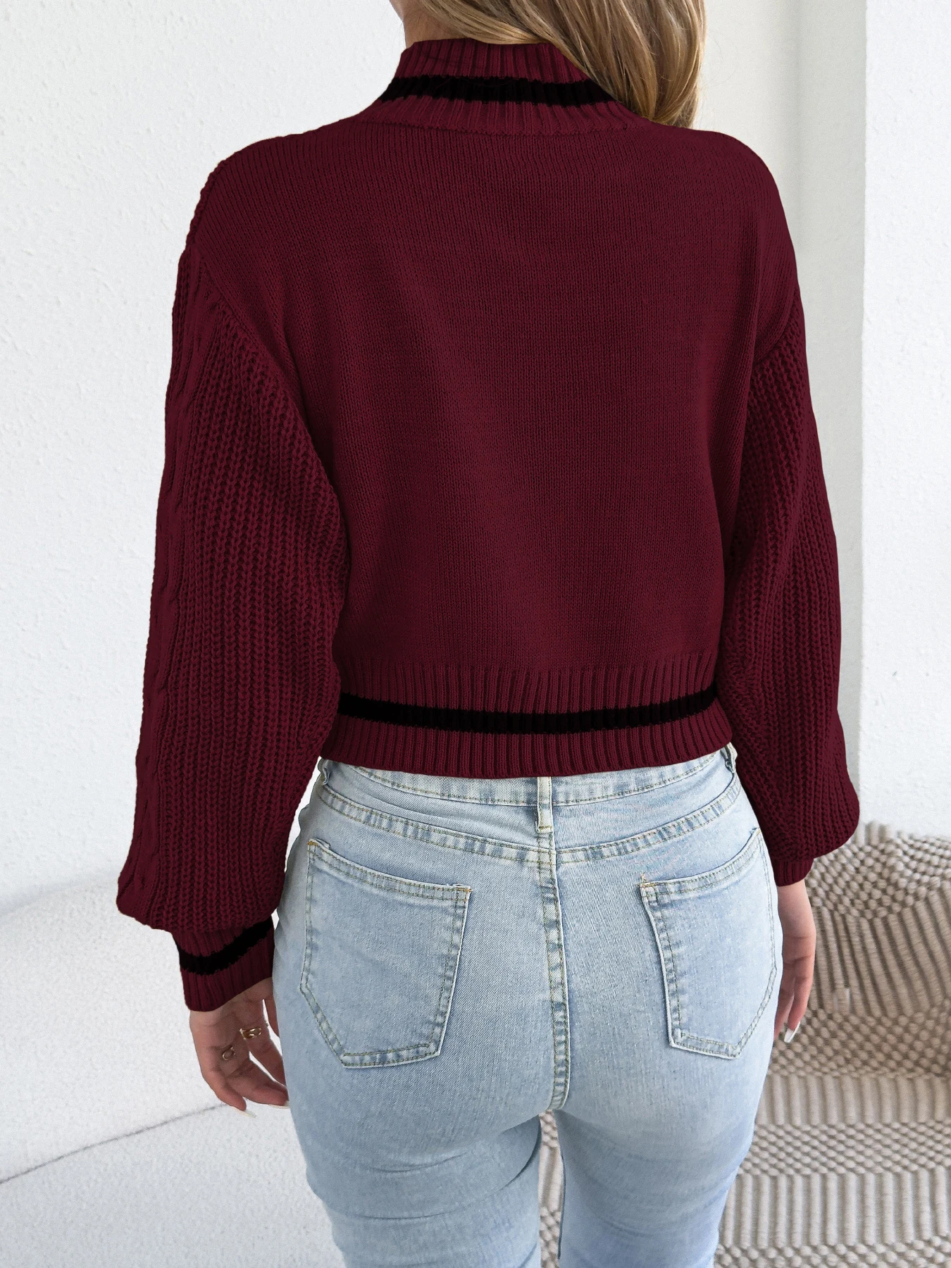 Mock Neck Colorblock Striped Cropped Sweater Long Sleeve Slim Fit Casual Fall
