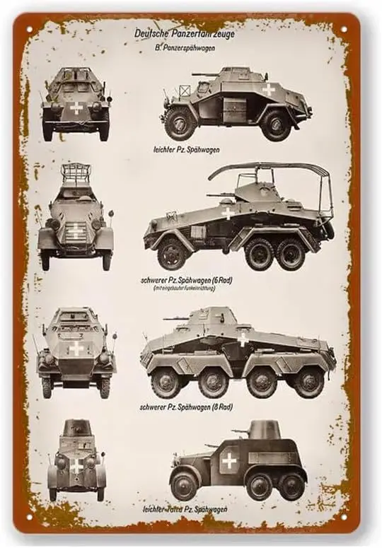 German Armoured Vehicles, WW2 Poster Vintage Metal Sign Aluminum Wall Deco For Bar,Store,Garage,Coffee Shop 8 x 12 INCH