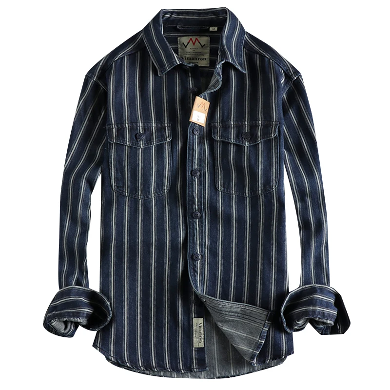 Autumn and winter new yarn-dyed striped wash jeans long-sleeved shirt man retro trend with classic shirt