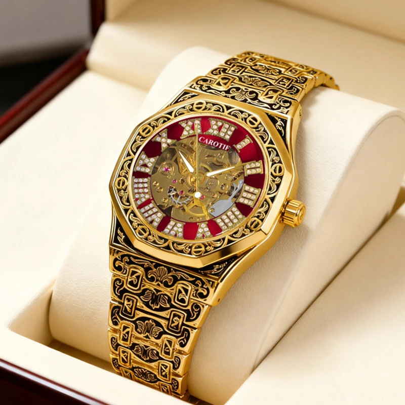 

Мужские черно-красные механические часы в винтажном стиле с тонким текстурированным стальным ремешком с гравировкой.