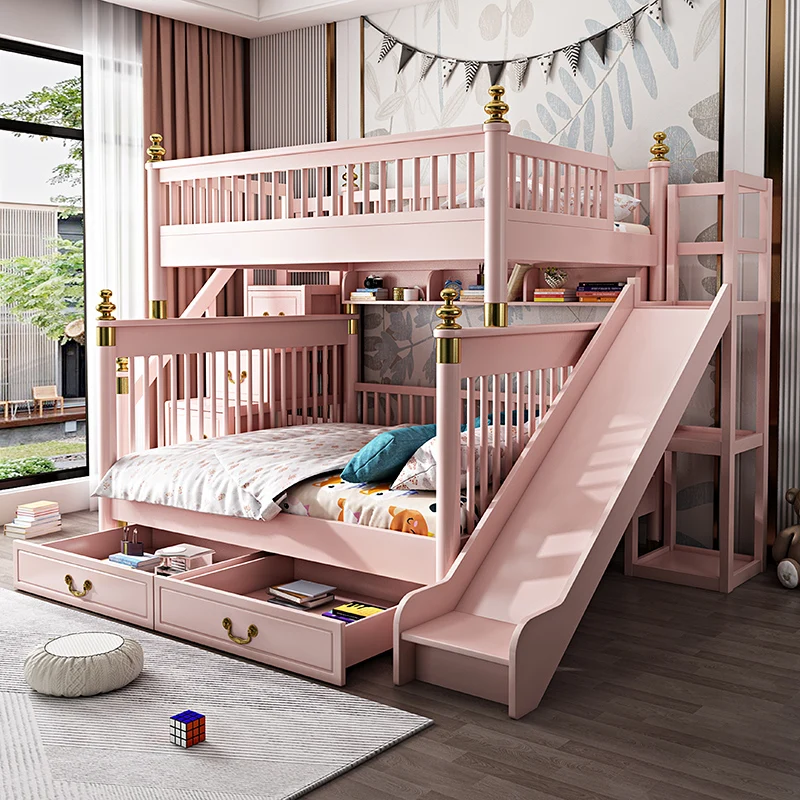 New Chinese 1.8m solid wood high and low bed modern minimalist girl pink children bunk bed with slide