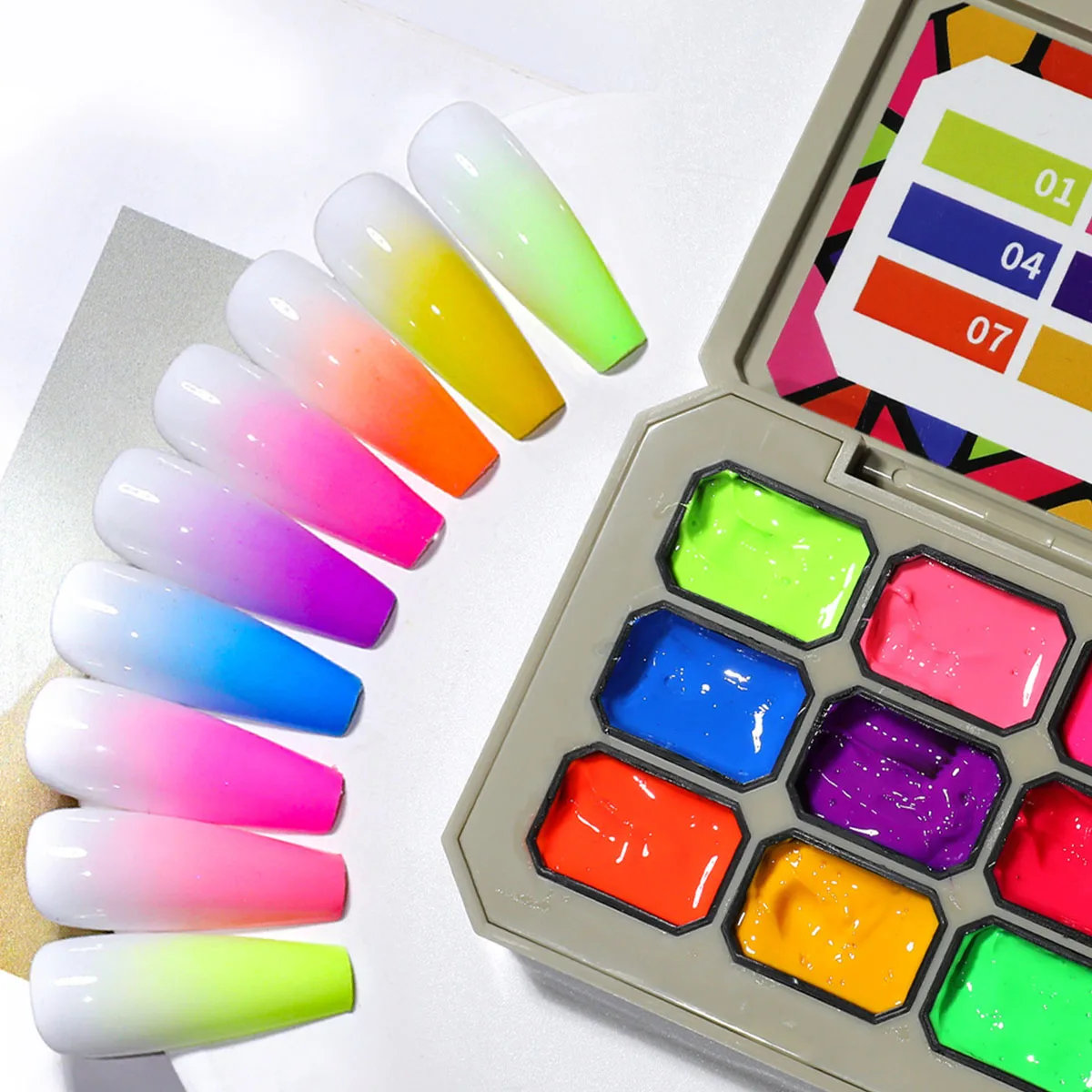 1 conjunto/2 pçs fluorescente pat gel transferência cola arco-íris cores brilhantes uv & led unha polonês gel salão 1 caixa pat esponja clipe diy y2k