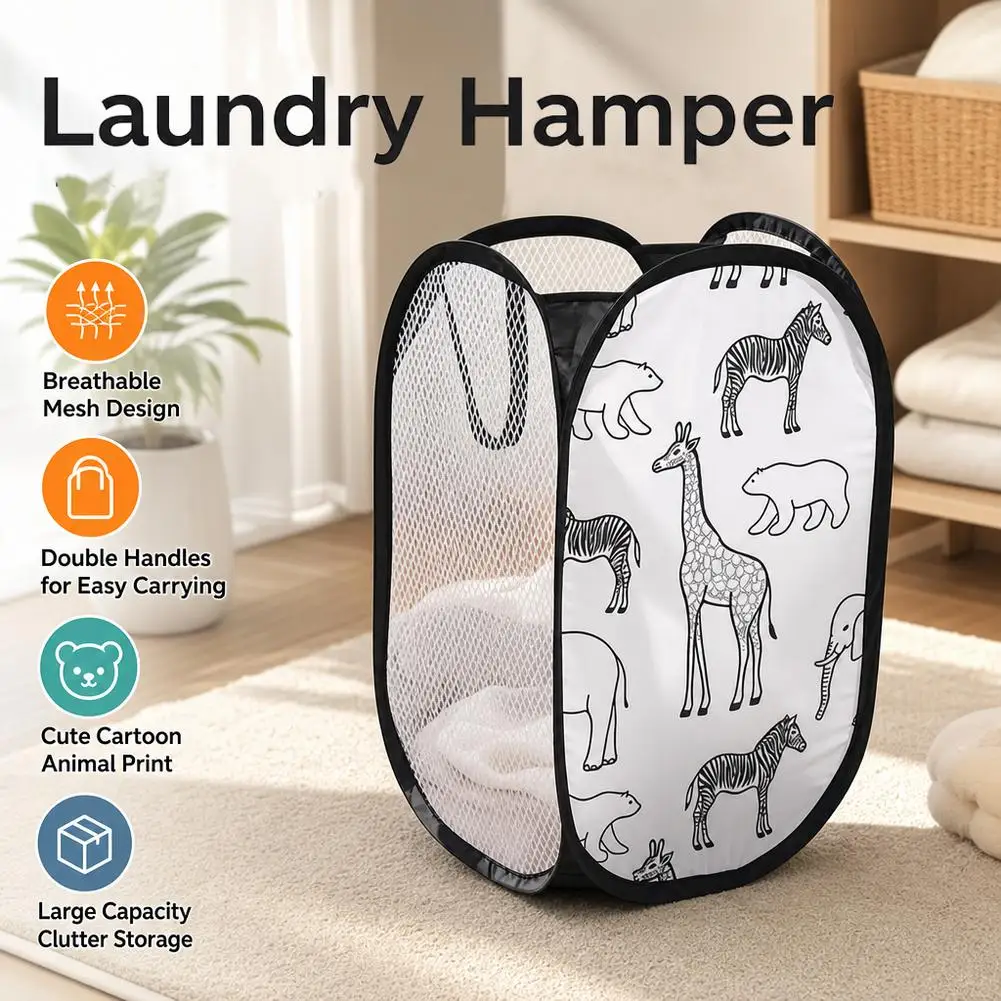 Cartoon Foldable Laundry Basket Large Capacity Organizer Basket for Household Dirty Clothes Nylon Mesh Bag for Toy Storage