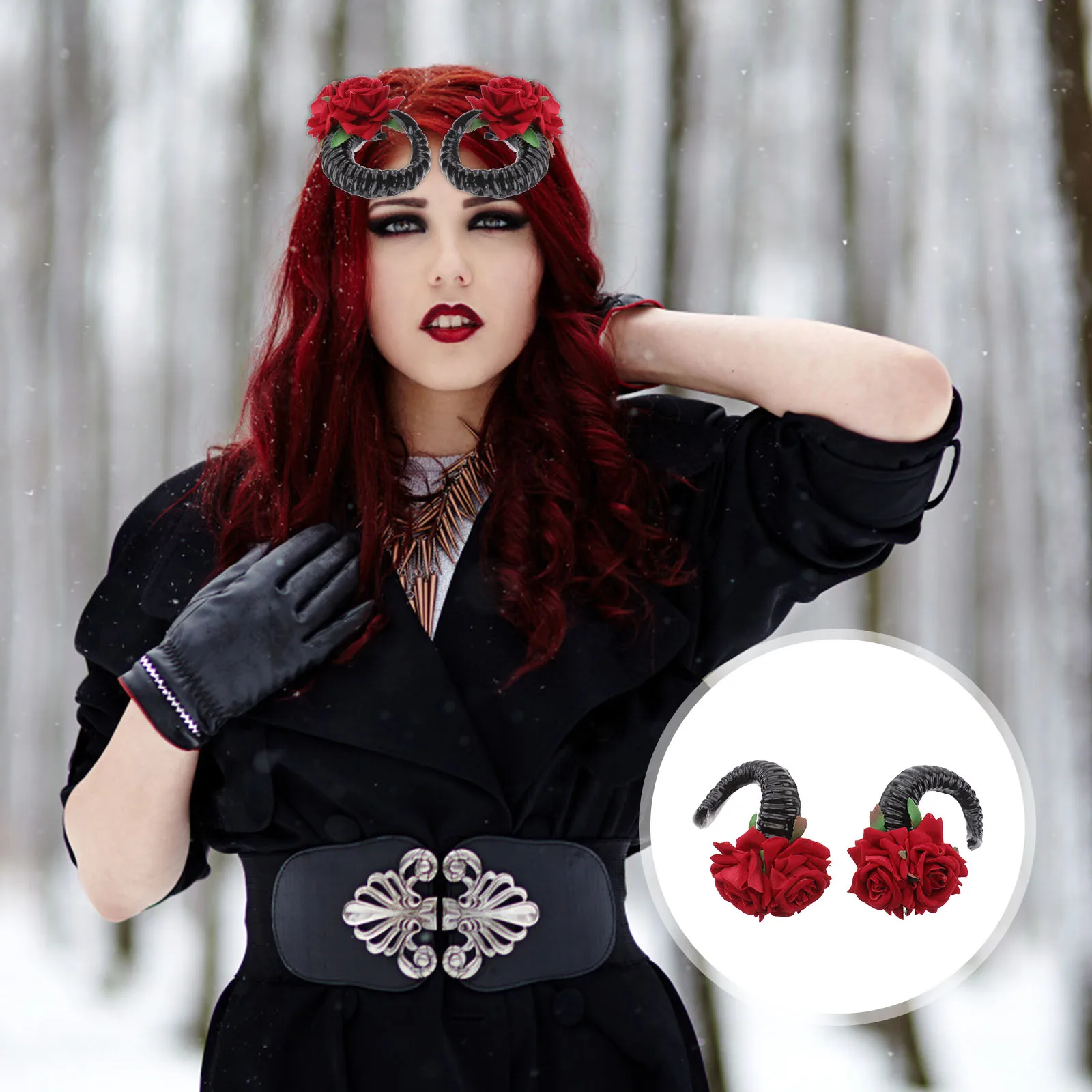 

2Pcs Simulation Rose Horn Hairpin Girls Halloween Party Accessories Costume Cosplay Stage Performance Decorative Flower Pin