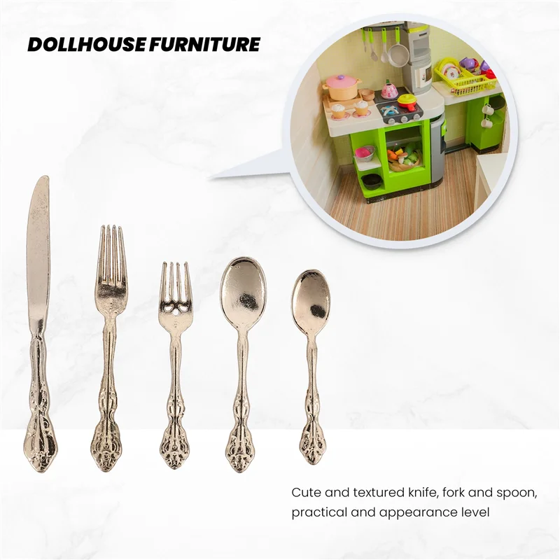 Mini vajilla para casa de muñecas, accesorios de modelo, cubiertos/cuchillo y tenedor de restaurante de cinco piezas para decoración del hogar, 1:6