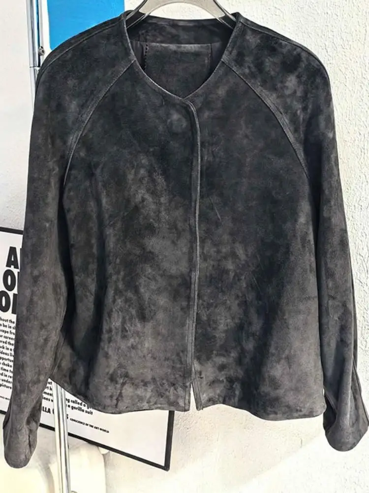 Büro Damen Einfarbig Echtes Leder Kurze Jacke Top Qualität Schlank Rundhals Freizeit Lange Ärmel Schaffell Oberbekleidung