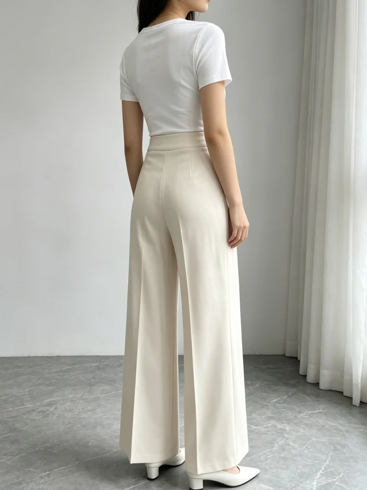 Women High Waist Wide Leg Pants Front Button Seam Detail Solid Color Casual Flare Suit Trousers Elegant Office Wear