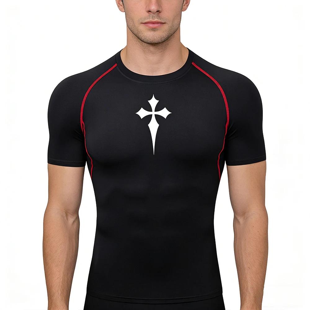 Summer Compression Shirts for Men’s Multi-Color Options Gym Workout Athletic Quick Dry T-shirt Tees Floral Cross Graphic Print