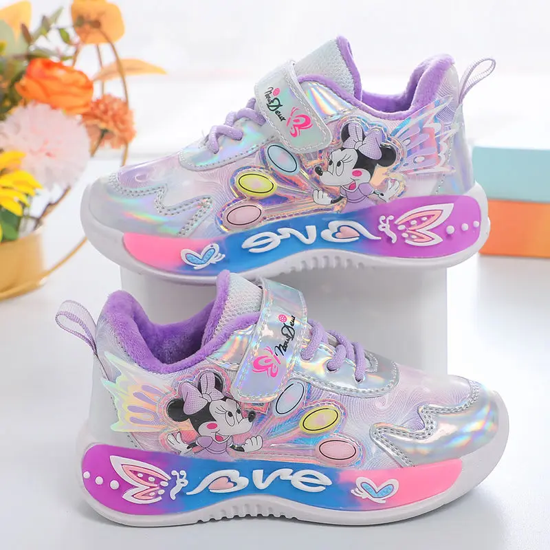 Minnie Mickey Girls Sneakers 2024 Autumn And Winter New Leather Running Shoes For Children Girls Light Non-slip Princess Shoes