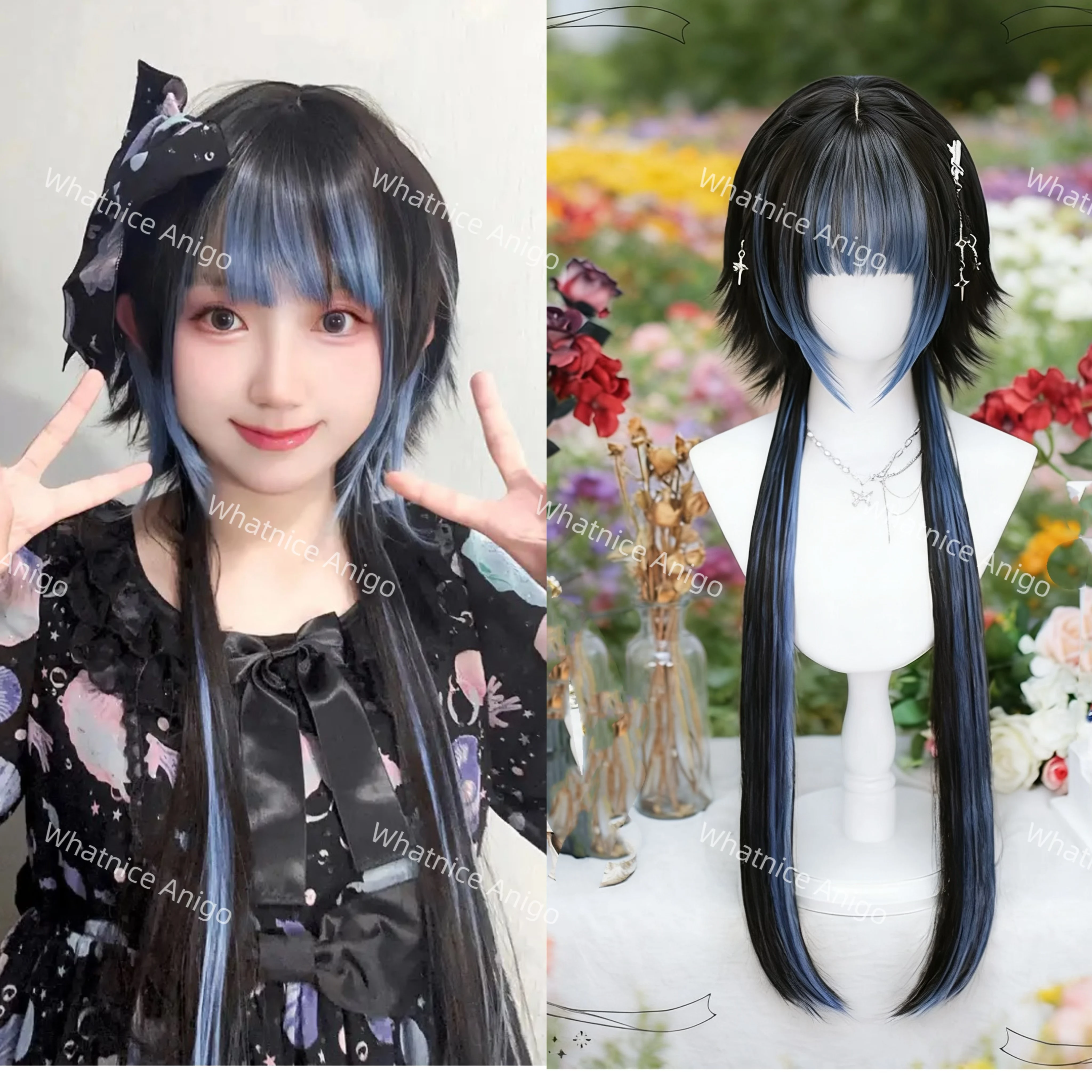 Lolita Ponytail Braided Cosplay Wig Long Synthetic Hair with Blunt Bangs Highlight Heat Resistant Fiber for Girls