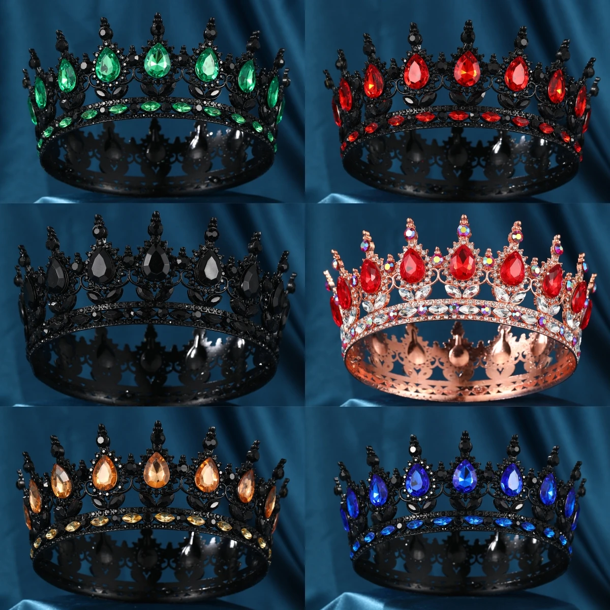 Baroque Vintage Crystal Queen King Crowns, Bridal Tiaras Black Rhinestone Beads Round Big Crown, Royal Wedding Hair Accessories