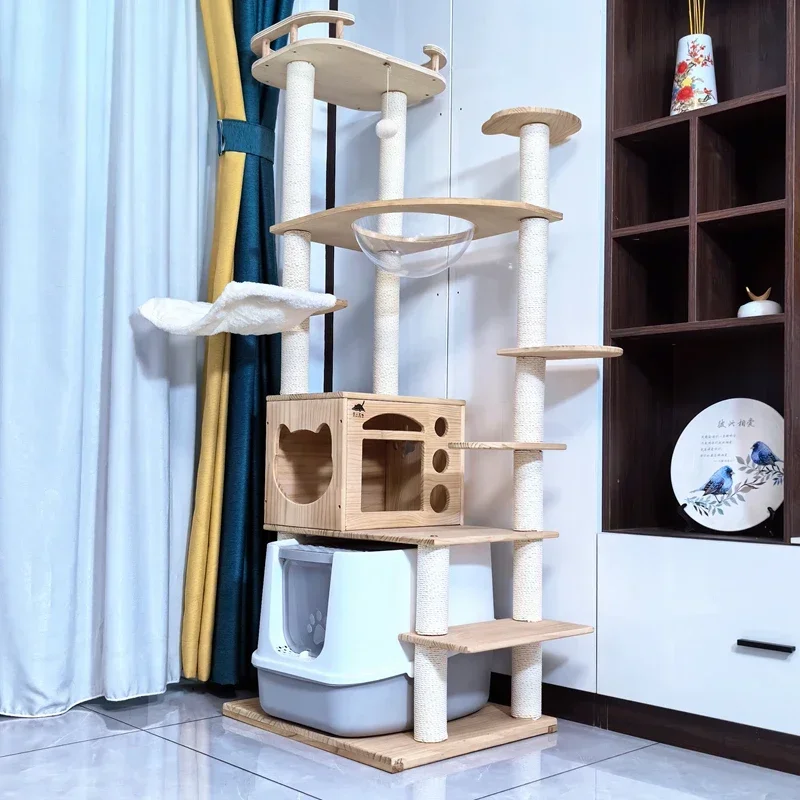 All solid wood large cat climbing frame double nest integrated villa yellow sisal column space capsule multi-layer cat litter