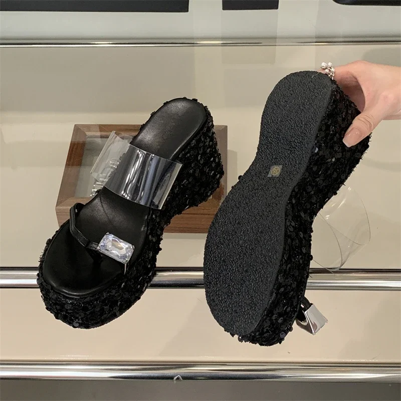 Eilyken Designer Crystal Sequin Cloth Platform Wedge Slippers Women Street Style Clip Toe High Heels Banquet Summer Shoes