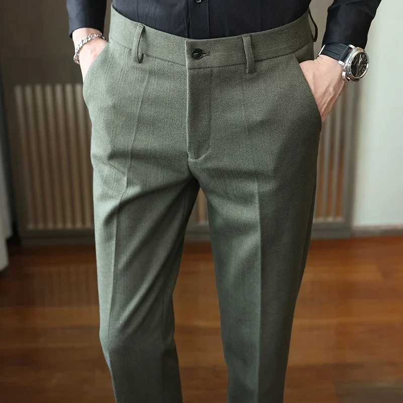 Autumn Winter New Woolen Suit Pants High Quality Striped Slim Fit Dress Pants Men's Formal Business Office Social Trousers