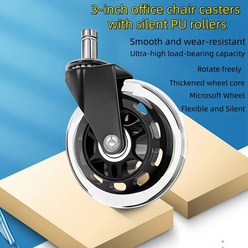 3 Inch Office Chair Casters PU Silent Replacement Wheels M11 Stem 75mm Heavy Duty Swivel Furniture Caster Protect Floor