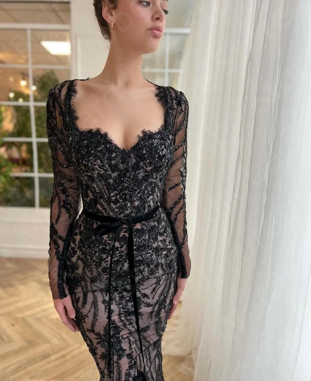 Vintage Mermaid Evening Dresses Lace Black Prom Party Gowns Long Sleeves Sweetheart Wedding Party Gowns 2024 Sequined Bow Belt