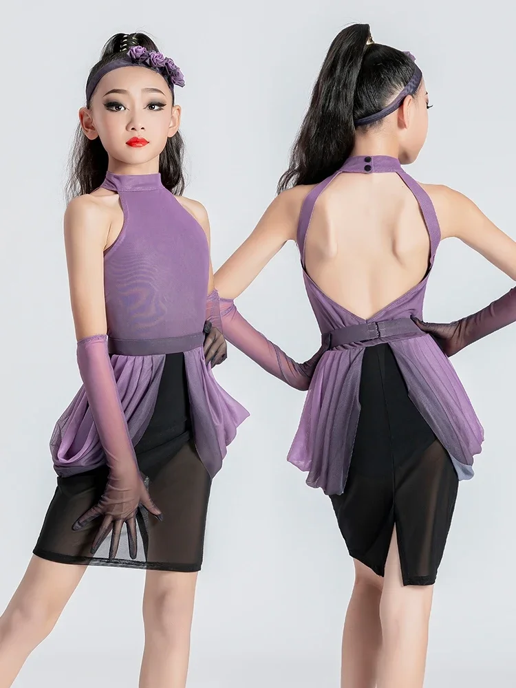 Girls Rumba Tango Dance New Purple Latin Dance Costume Competition Wear Kid's High Necked Off Shoulder Performance Suit