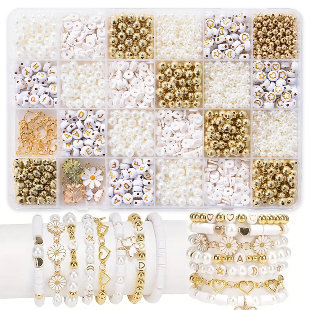 1000 Perlen DIY Schmuck herstellung Kit einfache Gänseblümchen Anhänger weiß Polymer Clay Perlen Gold Perlen Brief Perlen verwendet Herstellung Armband