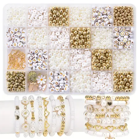 1000 비즈 DIY 쥬얼리 제작 키트, 간단한 데이지 펜던트, 화이트 폴리머 클레이 비즈, 골드 진주, 글자 비즈, 팔찌 제작 중고