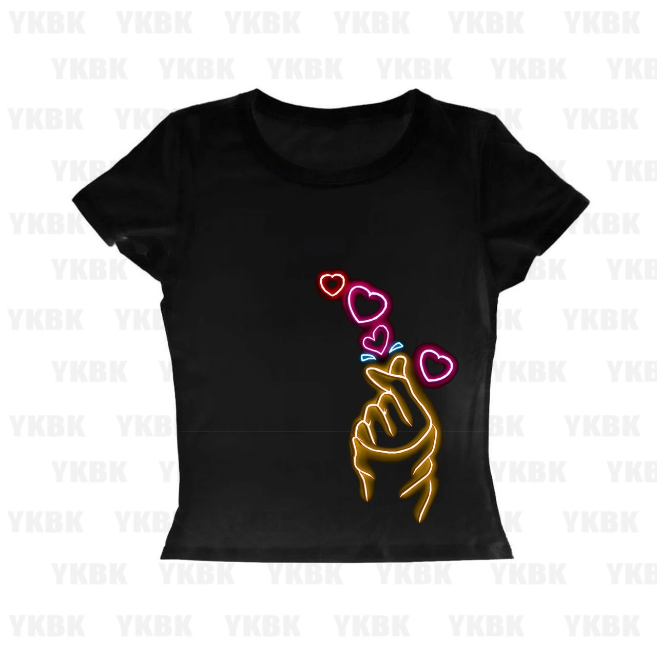 

Корейская футболка с надписью «Любовь и сердце» и принтом на палец, облегающая длина, футболка с короткими рукавами и круглым вырезом, милая