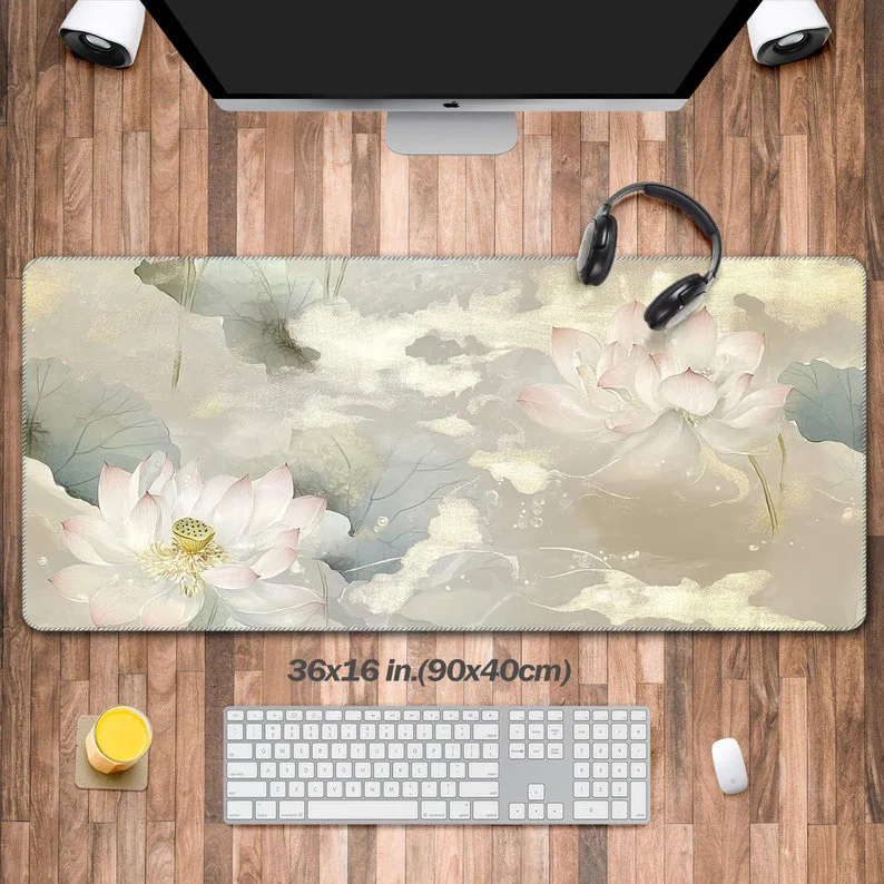 

Chinese Lotus Flower Deskmat,Detailed Green Flower and Pink Plants Pattern for Cute Desk Decoration and Laptop Mat with Keyboard