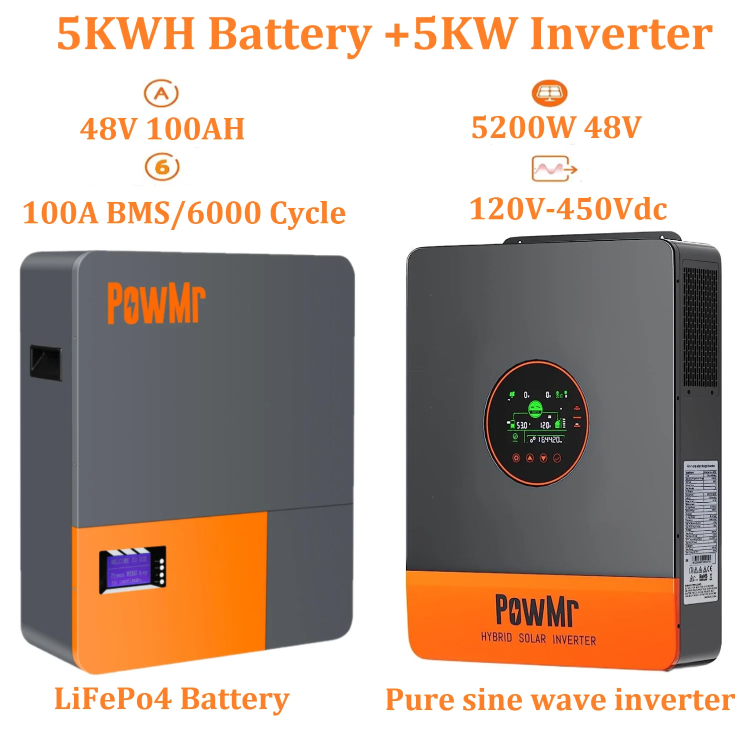 

PowMr 48V 100Ah Energy Storage Battery 5KWH LiFePo4 Batteries with 48V 5KW Pure Sine Wave Inverter 120A MPPT Solar Power Supply