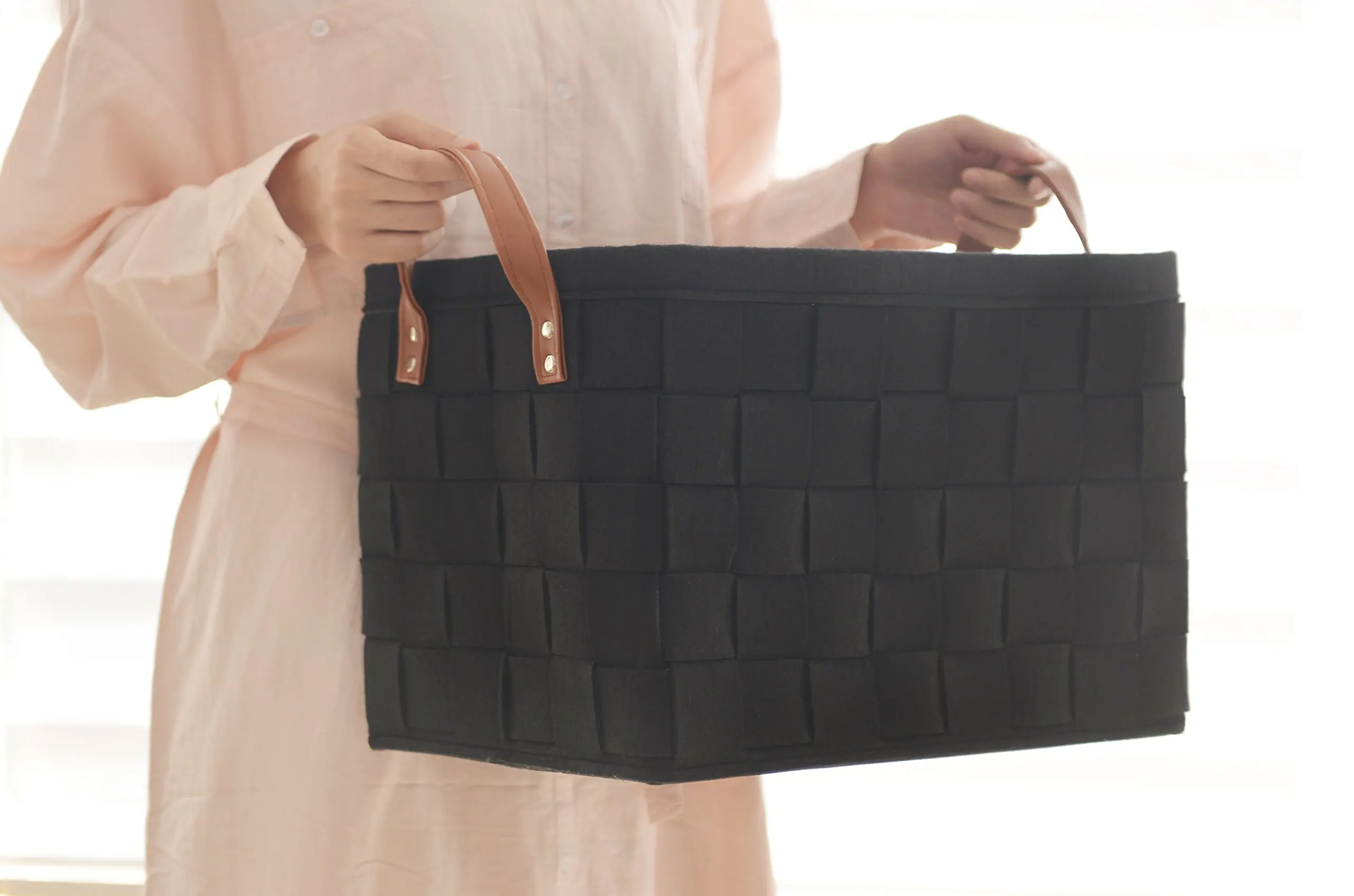 Collapsible Rectangular Leather Handle Large Black Hand Woven Storage Basket For Organizing