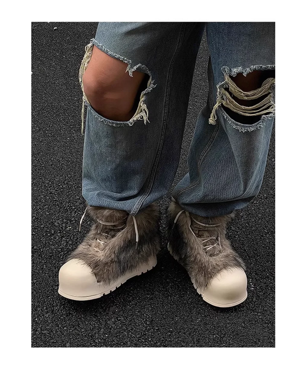 الذئب الرمادي فو الفراء حذاء من الجلد مكتنزة كريم منصة وحيد عالية أعلى عدم المتابعة جولة تو موضة شتاء دافئ في الهواء الطلق حذاء كاجوال