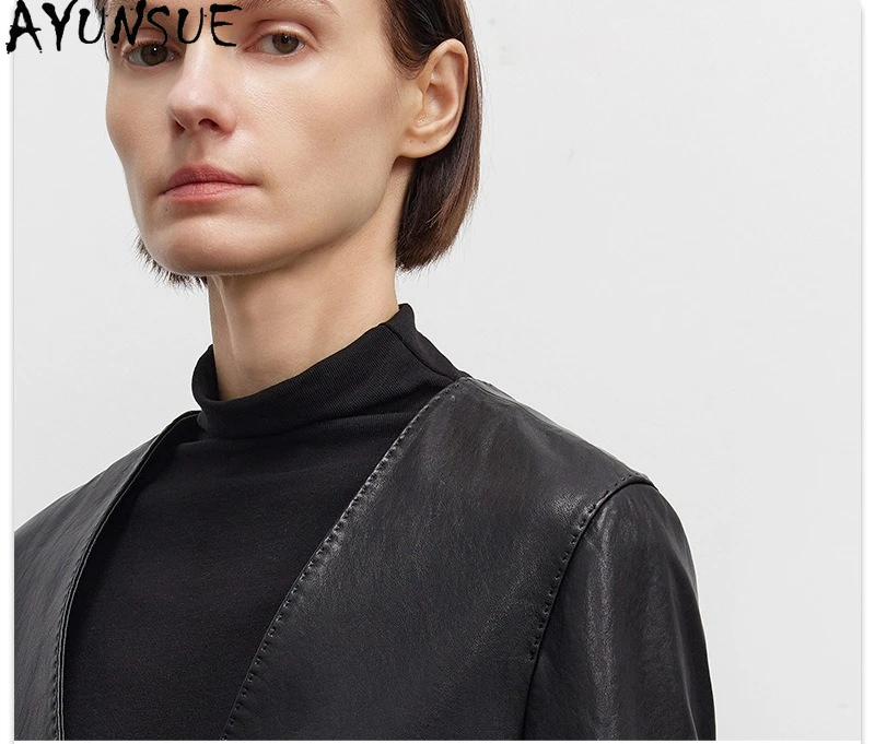 AYUNSUE Natürliche Schaffell Echtes Leder Jacke Frauen Mode Schwarz Frauen Jacken Frühling Herbst Kleidung Gürtel Jaqueta Couro