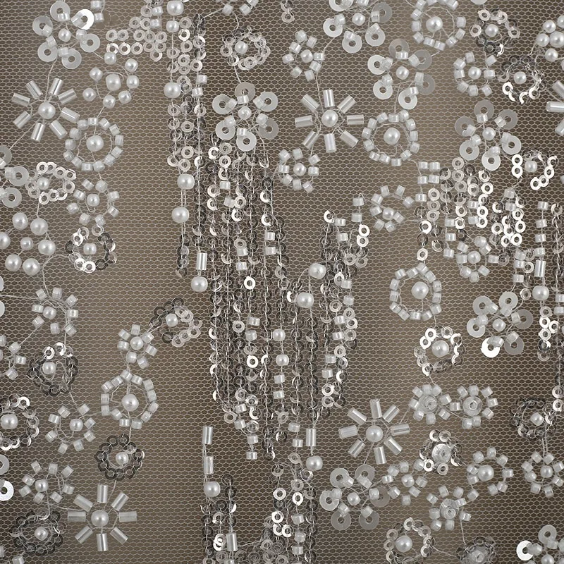 New Luxury Heavy - Worked Pearl Sequins Beads Lace - Faced Fabric for Wedding Dresses Curtains Tablecloths Width 130cm