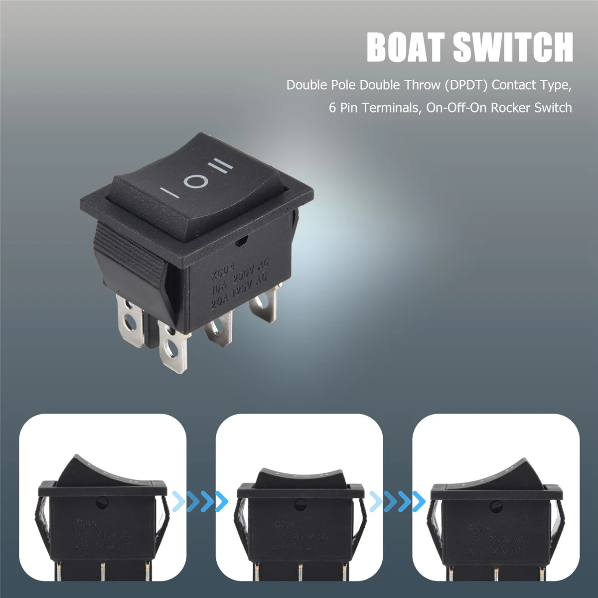 6-Terminals 3 Position ON/OFF/ON DPDT Boat Rocker Switch 16A 250VAC 20A 125VACJAS