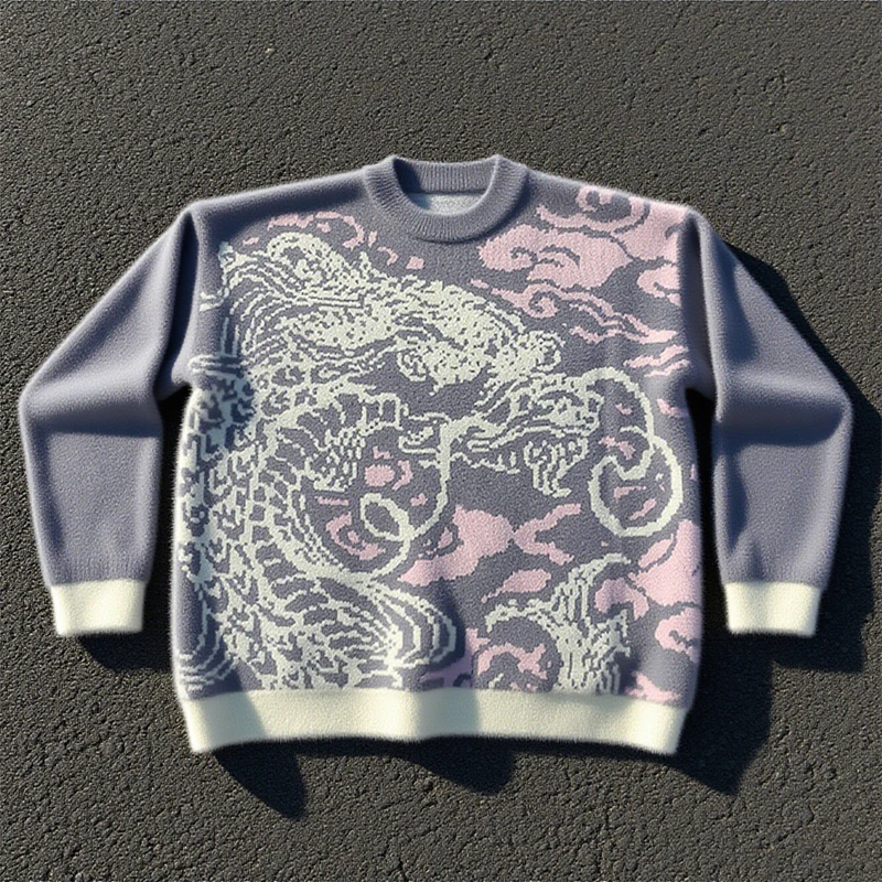

Нейтральный вязаный свитер с узором дракона в стиле ретро Y2K в уличном стиле, вмещающий азиатские элементы дракона в осенние и зимние свитера
