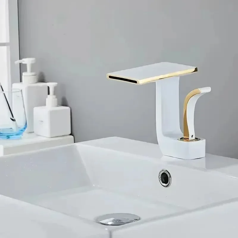 White and Gold Faucet Sink Brass Unique Design Waterfall Basin Mixer Tap Bathroom