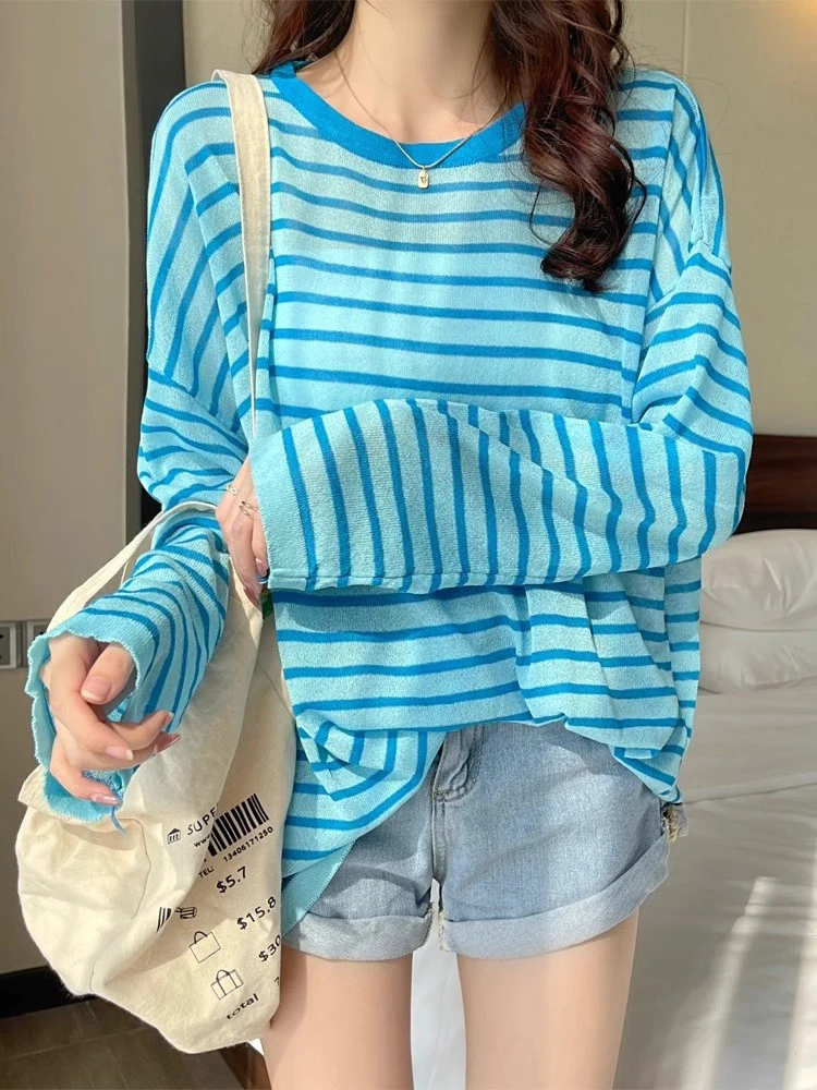 

Dopne Pink Striped Thin Long Sve T-irt Women's Summer New Lazy Design Sensation Ele Top Korean Sle Knittedwear