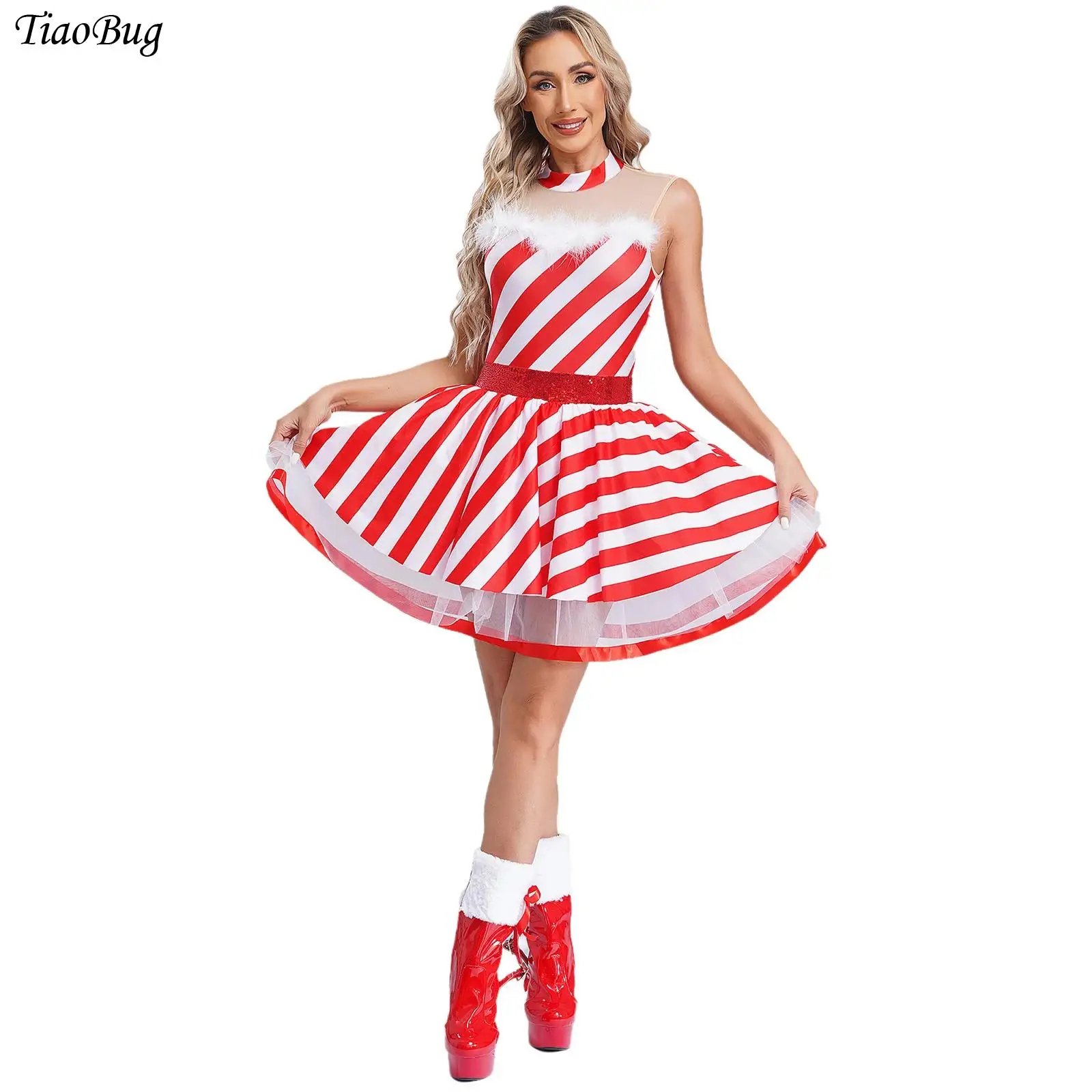 

Women Sequin Santa Claus Costume Christmas Candy Cane Dress Sleeveless Stripe Leotard Tutu Dress Ballet Figure Skating Dancewear