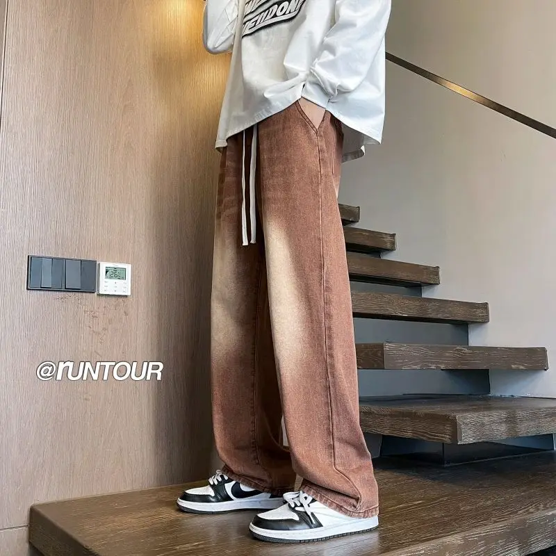 

American Retro adient Brown Dstring Jeans Men's Loose Straight Leg High Street Trendy Large Size Spring Autumn Winter