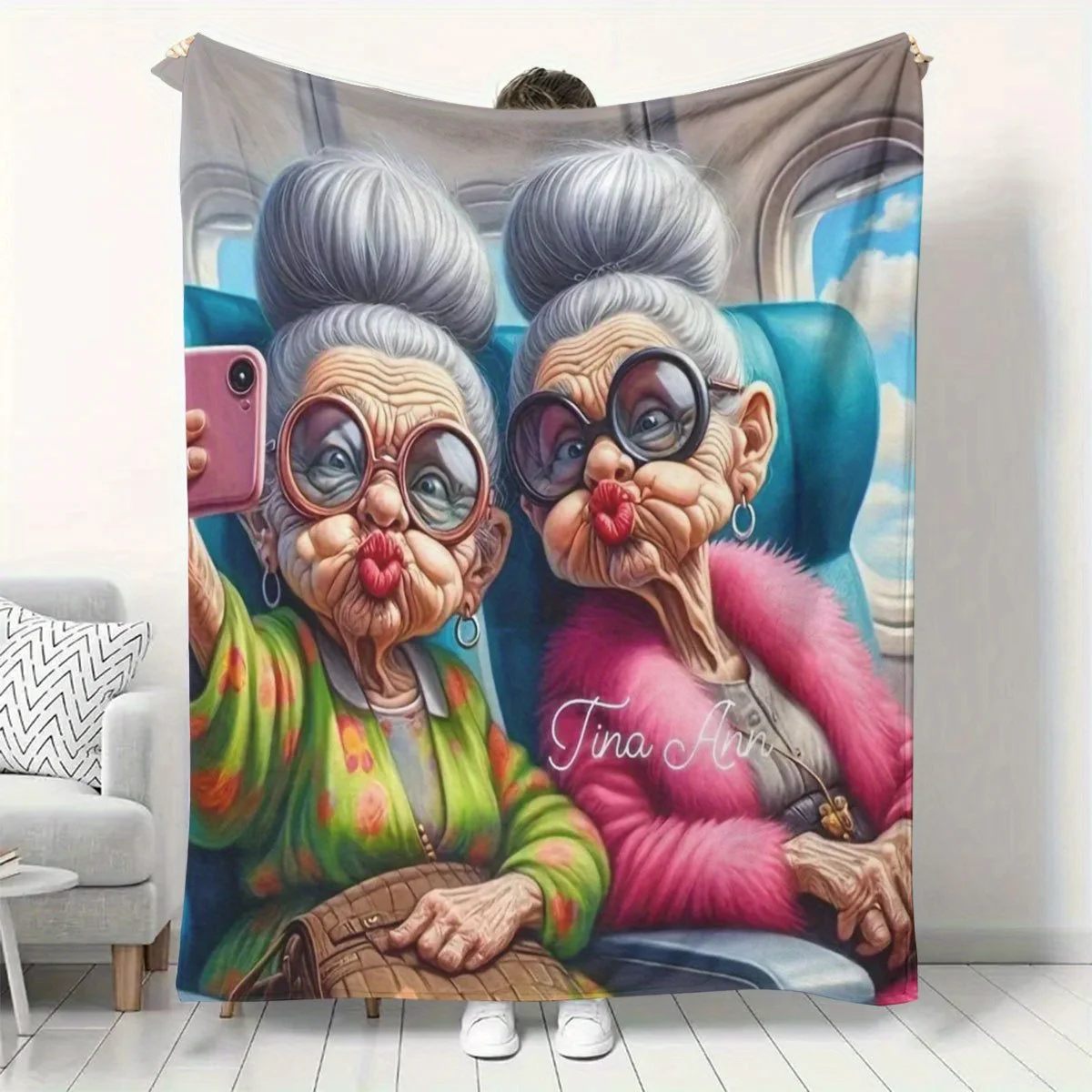 Funny Travel Grandma Selfie Flannel Throw Blanket Cute Cartoon Two Elderly Ladies Taking Selfie On Airplane Vivid Whimsical Art